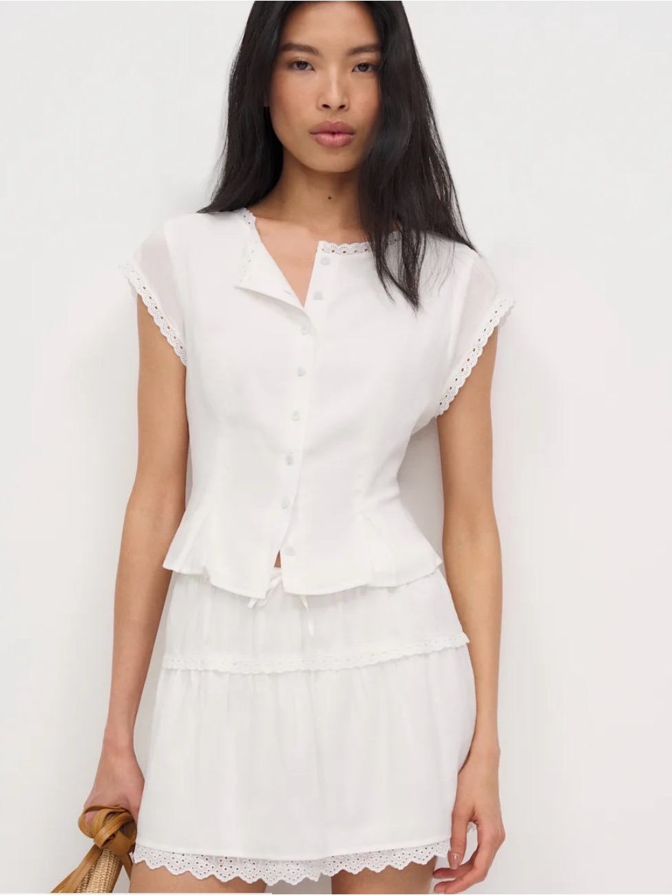 Reformation White Eyelet-Trim Mini Dress Set